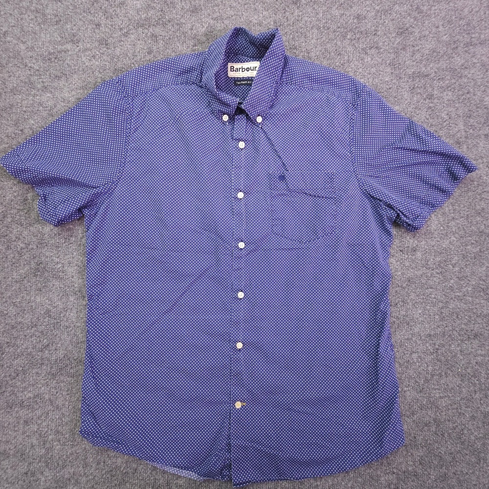 Barbour Tailored Fit Blue Polka Dot Button Shirt Mens Size Small Short Sleeve‎